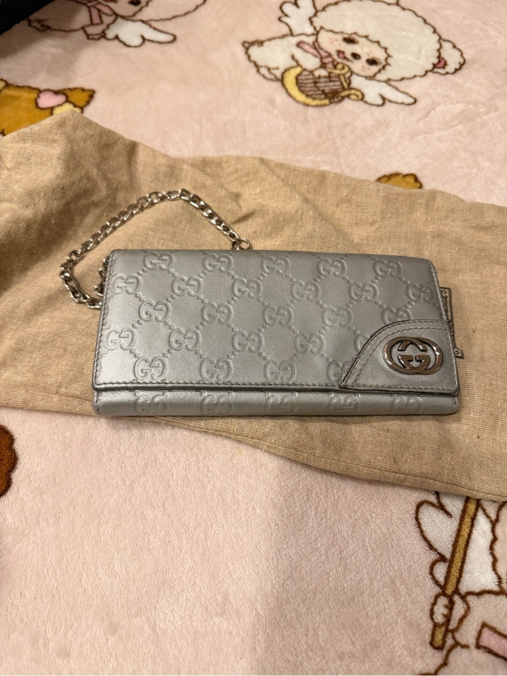 Gucci Silver GG Embossed Chain Clutch Wallet